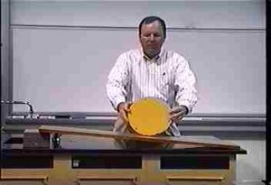 The instructor places a disk on an inclined plane.