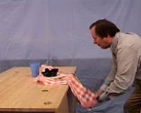 Professor pulling tablecloth from beneath plate and cup.