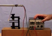 Current carrying wire suspended in between the poles of a magnet.