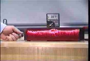 Bar magnet inserted in the end of a coil.