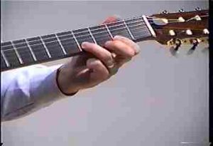 Guitarist is shown pressing a string down onto a fret