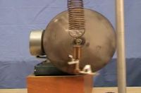 A mass hangs from a spring next to a rotating wheel